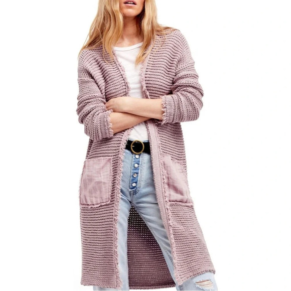 FREE PEOPLE Woodstock Boho Longlined Fringe Knit Pockets Cardigan - Picture 2 of 11